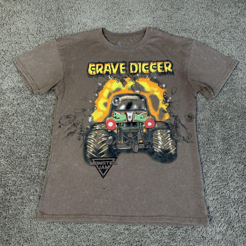 Monster Jam Shirt Boys 2XL Brown Grave Digger Graphic Crewneck Tagless Top